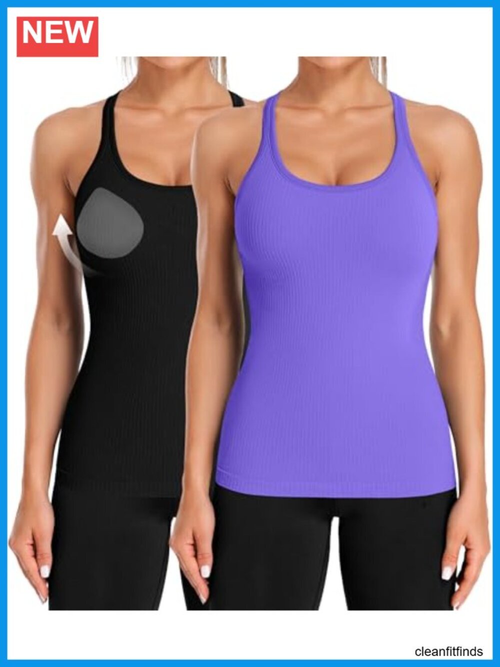 Ribbed Workout Tank Top with Built-in Bra, Removable Pads, Racerback, Scoop